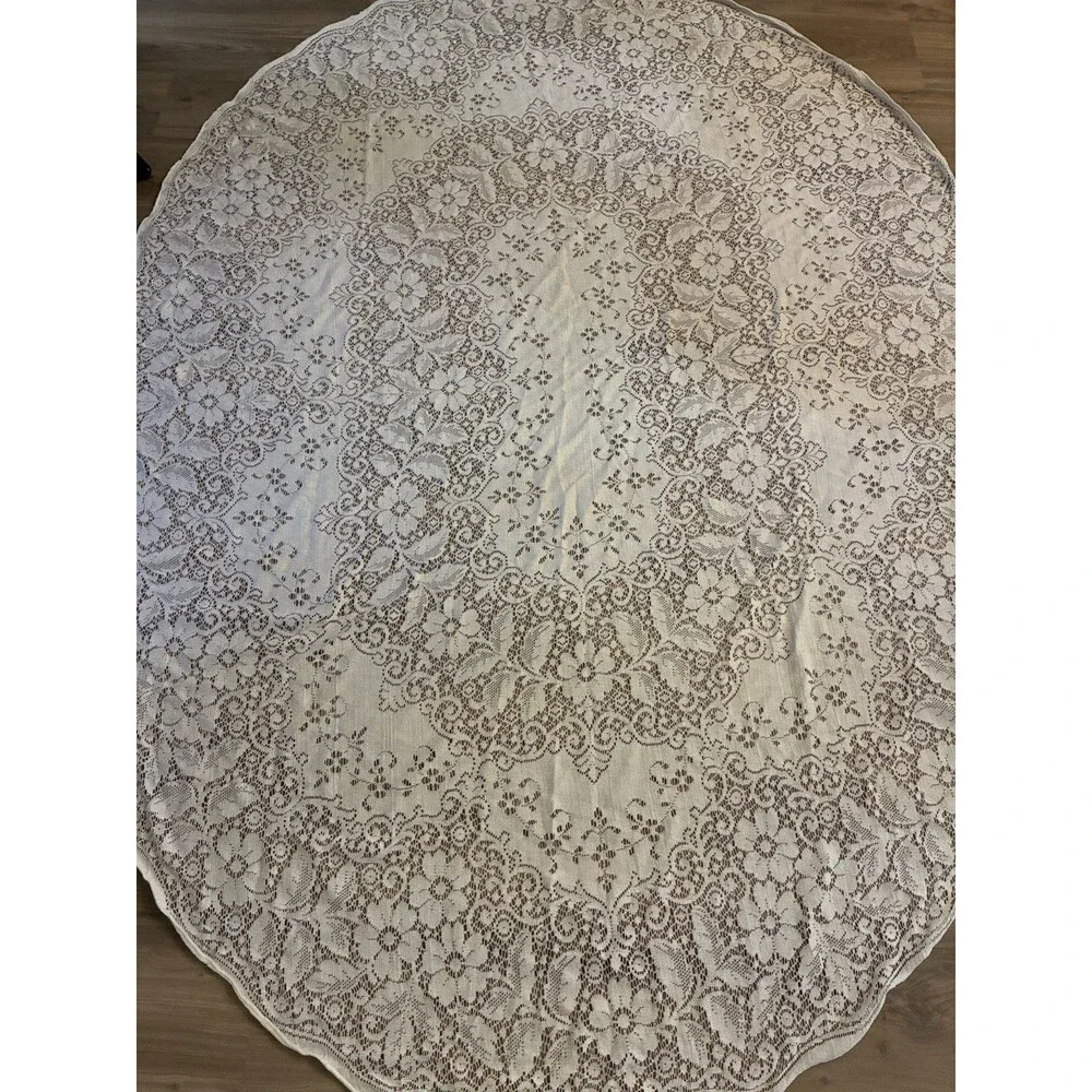Vintage Oval Lace Tablecloth Floral Cream Ivory 64 x 80 Cottagecore Stain Free
